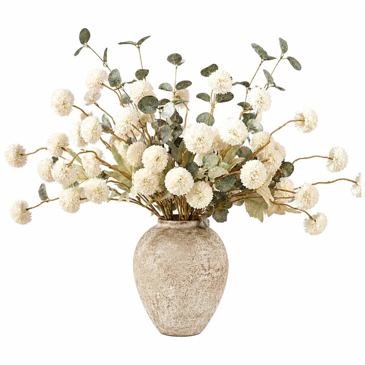 Bouquet di Fiori Artificiali con Vaso in Stile Rustico, Bianco e Verde