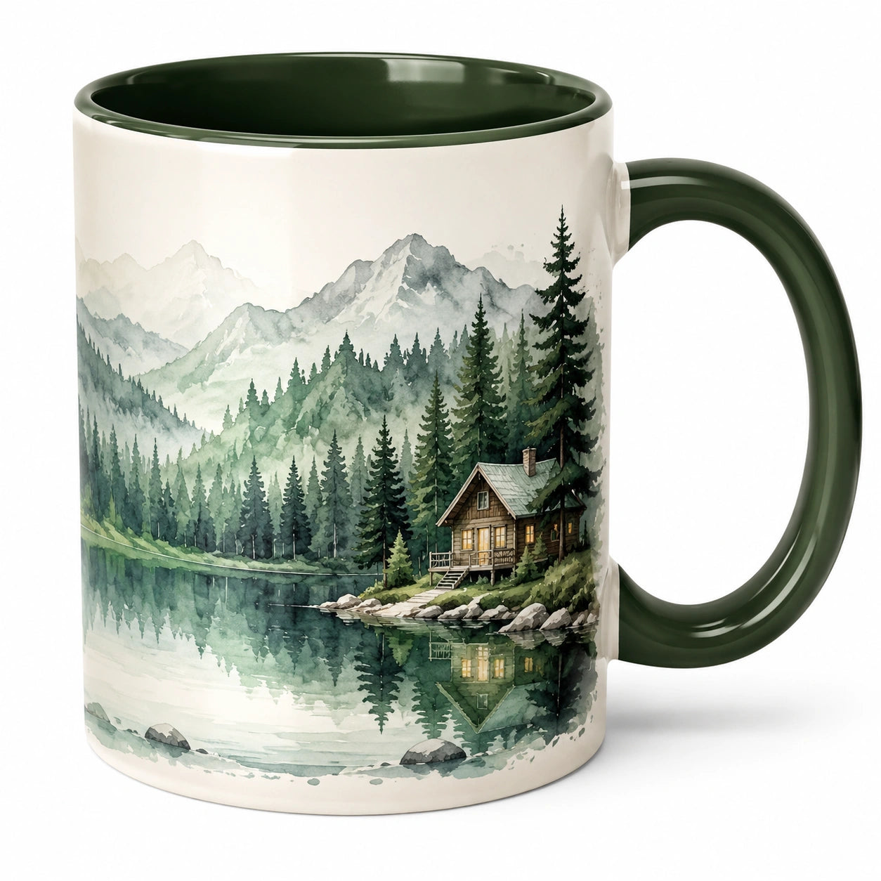 Tazza in Ceramica Verde con Paesaggio di Montagna