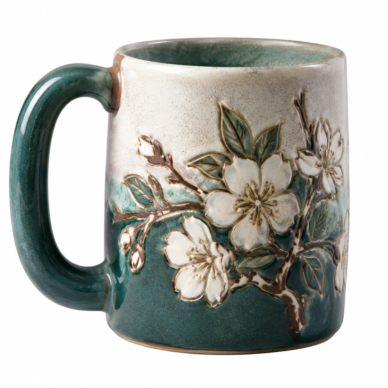 Tazza in Ceramica Decorata con Fiori in Rilievo Verde